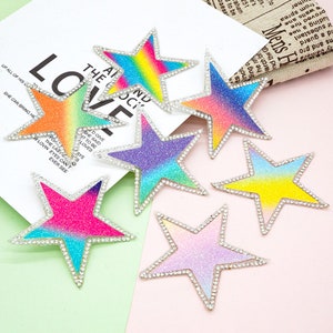 2 stuks strass kleurrijke sterpatch,regenboogster appliquépatches voor kledingtassen doe-het-zelf,opstrijkbare patch!