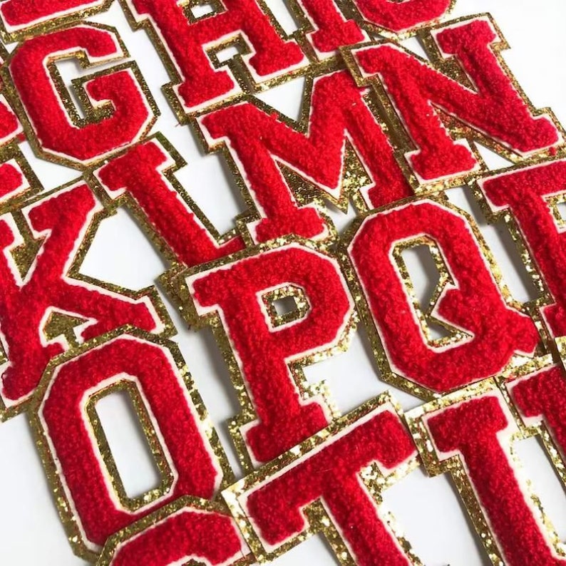 Ponce Red Leters 3.1 Inch Red Letters Chenille Iron on Patch,gold Glitter Letter Patch ...