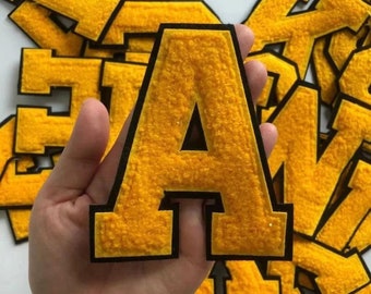 Toppa termoadesiva in ciniglia con lettere gialle da 4,1 pollici, toppa con lettera grande, toppa con lettere ricamate, toppe con nome fai da te, toppe con alfabeto