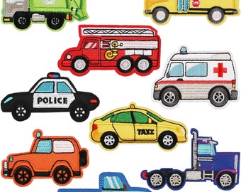 DIY Embroidery Patch,Service Vehicles Ambulance,Police Car,School Bus, Recycling Truck Iron On Patch,Children Jeans Bags Clothes Decoration