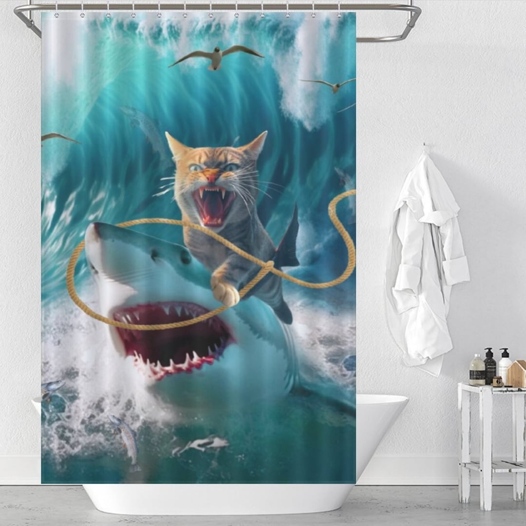 Fierce Cat Riding Shark Shower Curtain, Funny Animal Bath Curtain With ...