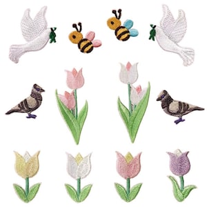 May include: A collection of embroidered patches featuring various designs. Includes white doves with olive branches, bees, pigeons, and tulips in shades of pink, yellow, white, and purple. The patches are detailed with green leaves and stems.