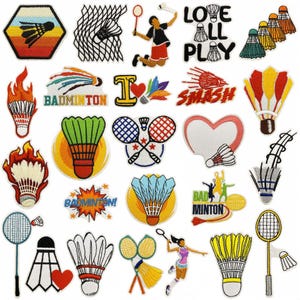 Peut inclure: Collection de patchs brodés sur le thème du badminton. Les motifs incluent des volants, des raquettes et des textes tels que "Badminton" et "Smash". Les couleurs sont le rouge, le jaune, le vert et le bleu. Certains patchs représentent des joueurs.