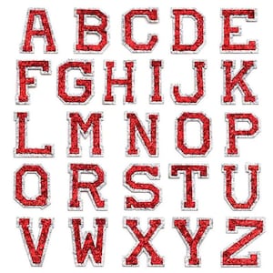 May include: A complete alphabet of red glitter letter patches with silver trim. Each letter is individually cut and displayed against a white background. The letters are in a bold, block style, suitable for various crafting projects.
