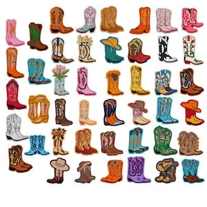 Può includere: Una collezione di toppe per stivali da cowboy colorate con vari disegni. Le toppe presentano una varietà di colori, tra cui rosa, arancione, verde e blu, con motivi floreali e decorativi. Ideale per aggiungere un tocco western a vestiti o accessori.