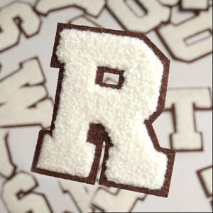 2.8 Inch White Letters Chenille Iron On Patch,Coffee Background Color,Embroidered Patch Applique DIY Name Badge Alphabet