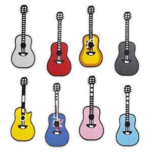 May include: Eight colorful guitar patches in various colors, including gray, red, yellow, and blue. Each patch features a detailed design of an acoustic guitar, with a white outline.
