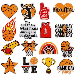 May include: A selection of basketball-themed patches. Features a basketball heart, a player silhouette, a red foam finger, a heart with "mama" text, a basketball on fire, a jersey with the number 1, and text that says "Game Day".