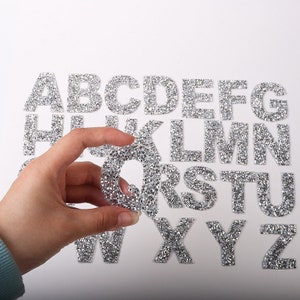Rhinestone Letter Patches,Silver Glitter Patches Iron On,Letter Applique DIy Name Badge Alphabet Patches For Clothing Bags Accessories