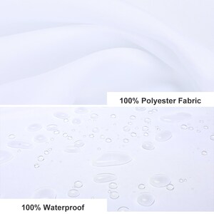 May include: White shower curtain fabric with water droplets on it. The text "100% Waterproof" is at the bottom of the image. The text "100% Polyester Fabric" is at the top of the image.