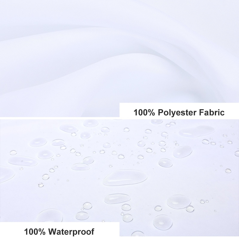 May include: White shower curtain fabric with water droplets on it. The text "100% Waterproof" is at the bottom of the image. The text "100% Polyester Fabric" is at the top of the image.