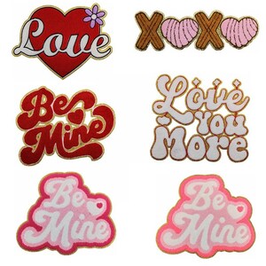 Patch de letra Be Mine, Patch de aplique de chenille com coração de amor, Patch de bordado com glitter, Patch para passar a ferro