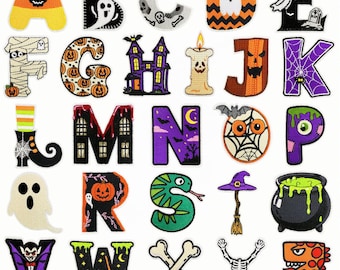 Toppa con lettere di Halloween da 2,6 pollici, toppa ricamata termoadesiva, applicazione fai da te con nome e alfabeto per abbigliamento, cappelli, borse e accessori.
