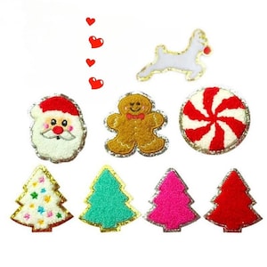 Toppa ricamata in ciniglia con glitter di Babbo Natale e albero di Natale, toppa termoadesiva in ciniglia, toppa con albero di Natale