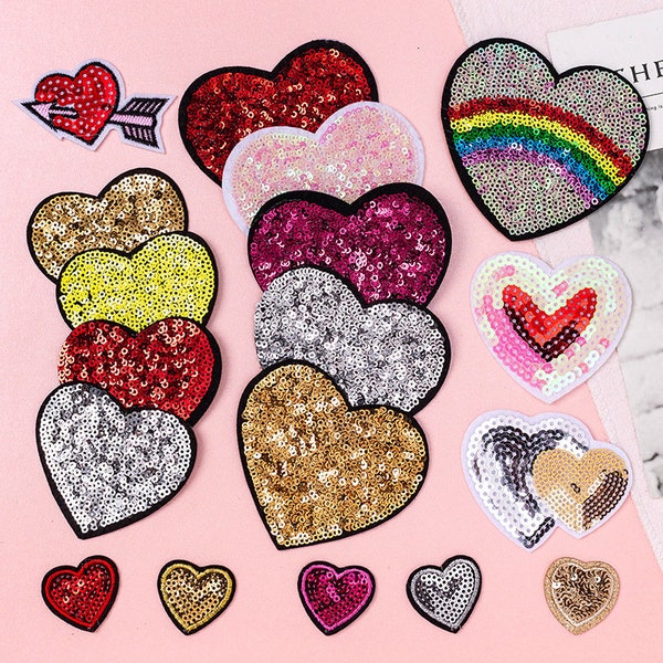 Color Heart Sequin Patch,Full Of Love Sparkling Iron On Patches For Bags Clothes Decoration DIY Applique