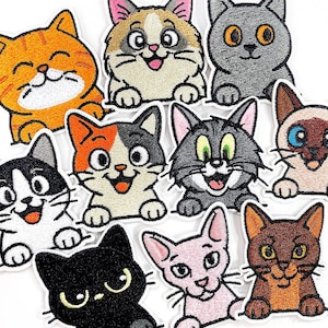 May include: A collection of ten embroidered cat patches featuring various breeds and colours, including orange tabby, calico, black, grey, and Siamese cats. Each patch depicts a cartoon-style cat head with paws visible as if peeking over an edge.