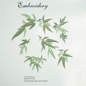 May include: Ten green embroidered patches of bamboo leaves, perfect for adding a touch of nature to clothing or crafts.