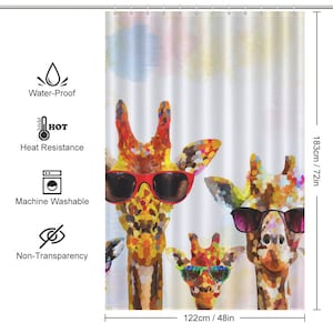 May include: A colorful shower curtain featuring a close-up of three giraffes wearing sunglasses. The giraffes are painted in a vibrant, abstract style with a white background.
