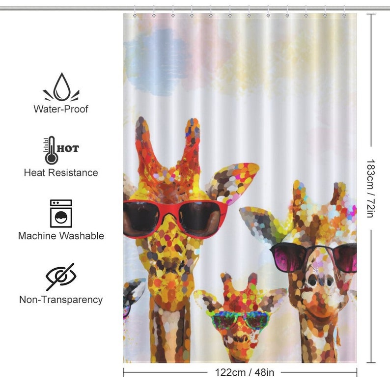 May include: A colorful shower curtain featuring a close-up of three giraffes wearing sunglasses. The giraffes are painted in a vibrant, abstract style with a white background.