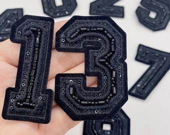 Black Number Beaded Embroidered Patch,Sew On Patch Applique DIy Number Badge Patches For Clothing Bags Accessories