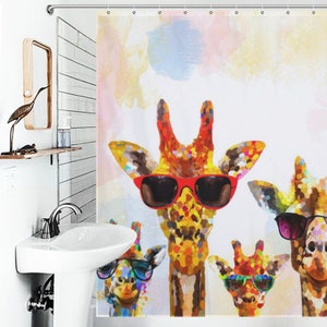 May include: A watercolor painting of four giraffes wearing sunglasses. The giraffes are painted in a colorful, abstract style with a white background.