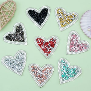 2Pcs Rhinestone Love Heart Patches,Sparkling Heart Applique Patches For Clothing Bags DIY,Iron On Patch