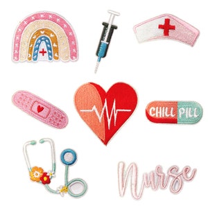 May include: Nine embroidered iron-on patches with a medical theme. The patches include a rainbow with a red cross, a syringe, a nurse's hat with a red cross, a heart with a heartbeat line, a bandage with a red heart, a pill with the words "Chill Pill", a stethoscope with flowers, and the word "Nurse".