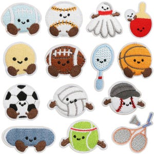 May include: A selection of embroidered sports patches. Includes a tennis ball, baseball, badminton shuttlecock, table tennis bat, American football, tennis racket, basketball, football, volleyball, baseball, skateboard, and tennis ball.