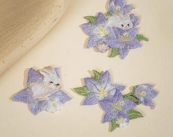 Purple Bunny Floral Embroidered Patch,Iron On Applique Floral Patch