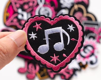 Gothic Music Note Iron-On Patch,Black Pink Embroidered Applique,Skull Heart Wing Cross Patch