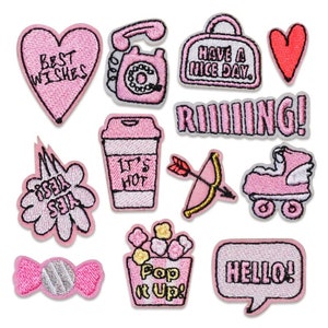 Patches de menina rosa, Patch de apliques de bordado, Patches de letras, Patch de coração, Patch autoadesivo