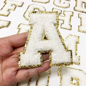 3.1 Inch White Letters Chenille Iron On Patch,Gold Glitter Letter Patch,Embroidered Applique Letters DIy Name Badge Alphabet Patches