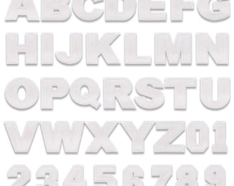 Toppa con lettere bianche da 2,3 pollici/1,49 pollici, lettere glitterate bianche, numeri ricamati, toppa termoadesiva, toppe fai da te con nome e alfabeto.