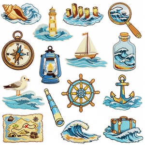 May include: A collection of nautical-themed embroidered patches featuring a seashell, lighthouse, wooden pilings, magnifying glass with waves, compass, lantern, sailboat, message in a bottle, seagull, telescope, ship wheel, anchor, treasure map, wave, and suitcase.