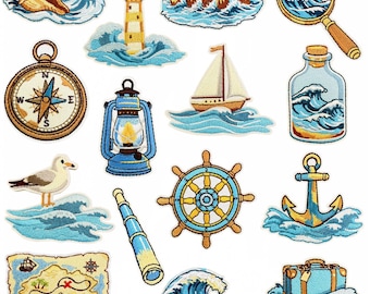 Nautical Embroidered Patches, Ocean Series Iron On Appliques, Sailor Ship Wheel Anchor Compass, DIY Decorative Badges Patches