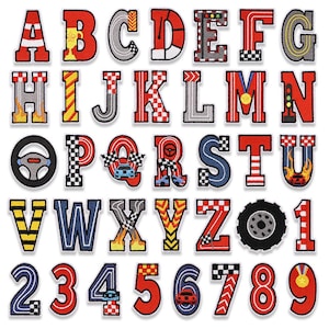 May include: A collection of embroidered patches featuring the alphabet from A to Z and numbers 0 through 9. The designs incorporate racing-themed motifs including checkered flags, tires, traffic lights, flames, and cars in red, blue, and yellow.