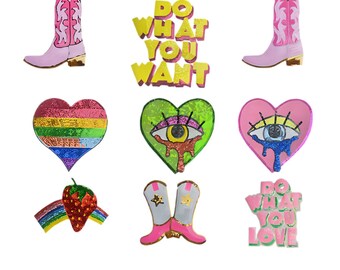 Cowgirl Boot Sequin Patch,Western Embroidery DIY Iron On Patches,Sequin Heart Eye Patches,Glitter Patch Clothing Jacket Backpack Decoration