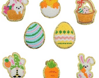 Bunny Egg Chenille Patch,Rabbit Gold Glitter Embroidered Patch, Easter Bunny Iron On Patches