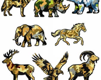 Camo Animal Patches,Animal Embroidered Patch,Horse Elephant Wolf Bear Rhinoceros Deer Eagle Goat Iron On Patch,Animal Badge