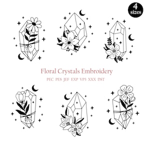 Floral Crystals Machine Embroidery Bundle, Witchy and Celestial Embroidery Bundle, Moon and Star Machine Embroidery design, Magic Embroidery
