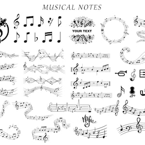 Puede incluir: Una colección de ilustraciones de notas musicales en blanco y negro. Las ilustraciones incluyen claves de sol, notas musicales y pentagramas. El texto "MUSICAL NOTES" está en la parte superior de la imagen. El texto "YOUR TEXT" está en un círculo de notas musicales.