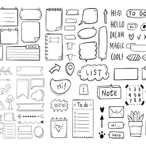 May include: A set of black and white hand-drawn doodle elements for bullet journaling, including arrows, stars, banners, speech bubbles, lists, and notepads. The doodles are perfect for adding a personal touch to planners, journals, and notebooks.