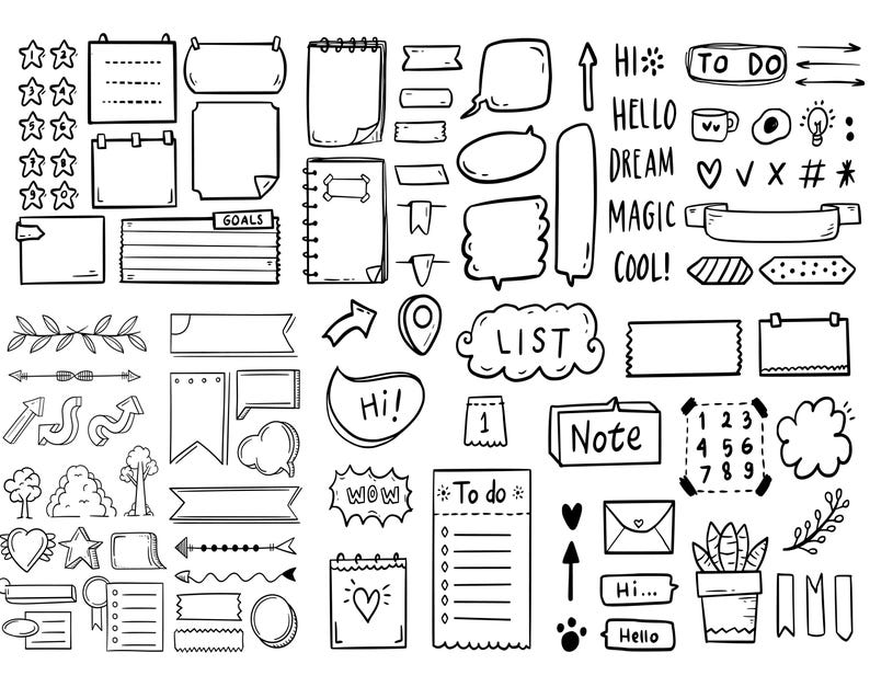 May include: A set of black and white hand-drawn doodle elements for bullet journaling, including arrows, stars, banners, speech bubbles, lists, and notepads. The doodles are perfect for adding a personal touch to planners, journals, and notebooks.