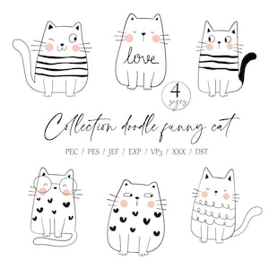 Puede incluir: Una colección de seis ilustraciones de garabatos en blanco y negro de gatos con diferentes expresiones y patrones. El texto "Collection doodle funny cat" y "4 sizes" también se incluye en la imagen.