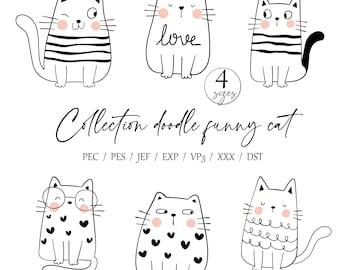 Funny Cat Machine Embroidery Designs, Funny Cat Doodle, line art Machine Embroidery Design, Cute Cat Embroidery, 4 sizes, Instant download