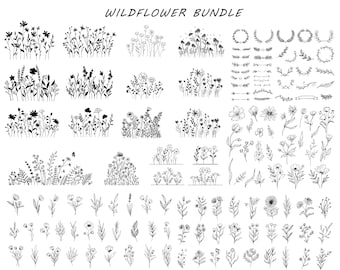 May include: A set of black and white hand-drawn illustrations of wildflowers, wreaths, and other floral elements. The illustrations are perfect for creating invitations, cards, and other paper crafts.