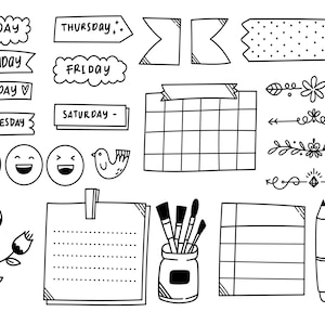 May include: Black and white doodle style planner stickers and elements. Includes days of the week, a calendar grid, a bird, flowers, a pen, a notepad, and a jar of paintbrushes.