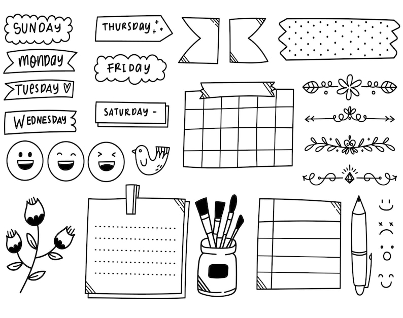 May include: Black and white doodle style planner stickers and elements. Includes days of the week, a calendar grid, a bird, flowers, a pen, a notepad, and a jar of paintbrushes.