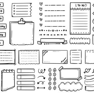 May include: A set of black and white hand-drawn planner stickers and elements. The stickers include a variety of shapes, including squares, rectangles, circles, and arrows. The stickers also include text such as "Sunday", "Monday", "Tuesday", "Wednesday", "Thursday", "Friday", "To Do", "Notes", "List", "To Do", "Plan", and "♡".
