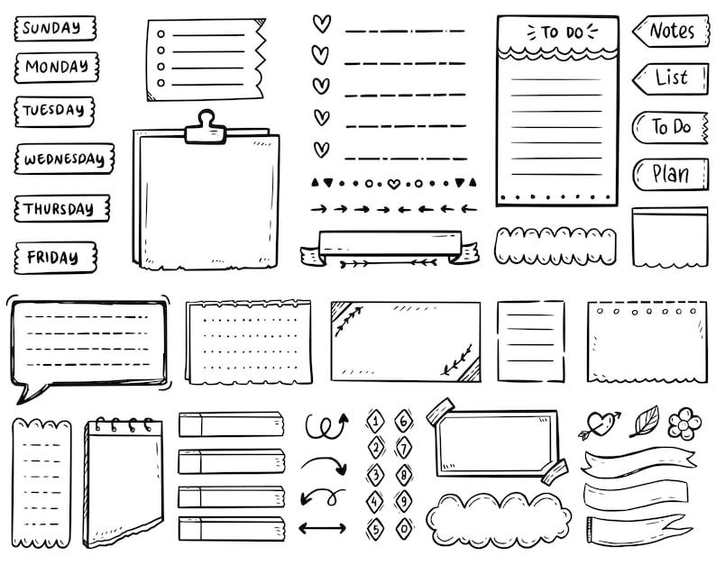 May include: A set of black and white hand-drawn planner stickers and elements. The stickers include a variety of shapes, including squares, rectangles, circles, and arrows. The stickers also include text such as "Sunday", "Monday", "Tuesday", "Wednesday", "Thursday", "Friday", "To Do", "Notes", "List", "To Do", "Plan", and "♡".